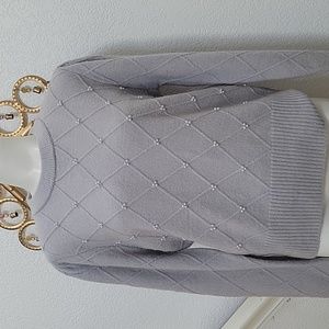 ASTR The Label Gray Crew Neck Pearl Accent Sweater